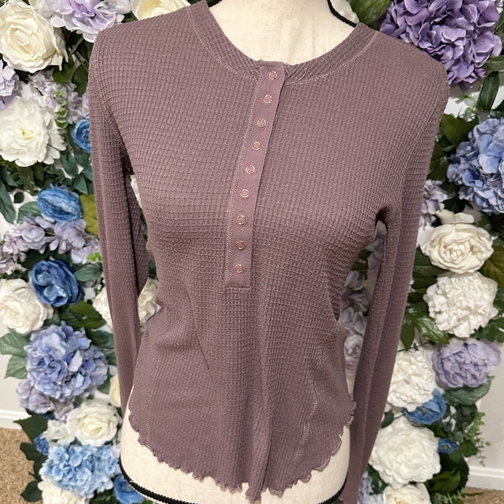 Love Tree Purple Ribbed Long Sleeve Quarter Buttoned Top